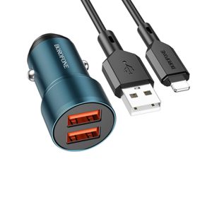 CARREGADOR DE ISQUEIRO BOROFONE BZ19 AZUL DUAL PORT USB PARA IPHONE 12W LIGHTNIN