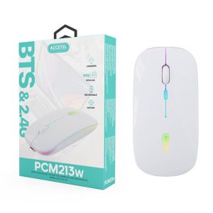 RATO COM CABO USB ACCETEL PCM213W BRANCO RECARREGÁVEL E 1600DPI