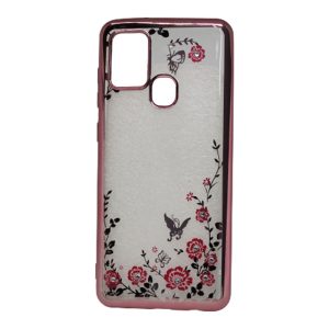CAPA SILICONE GEL COM DESENHO FLOR SAMSUNG GALAXY A21S ROSA DOURADO