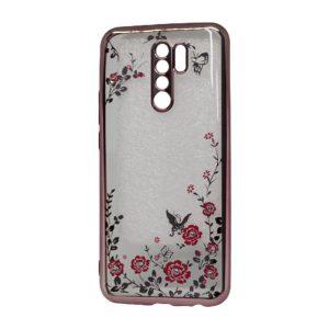 CAPA SILICONE GEL COM DESENHO FLOR XIAOMI REDMI 9 ROSA DOURADO