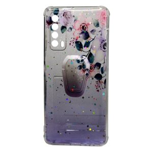 CAPA SILICONE COM DESENHO BLING GLITTER HUAWEI P SMART 2021 ROXO FLOWERS COM KIC