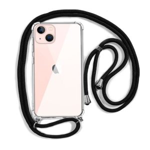 CAPA SILICONE DURA ANTI-CHOQUE APPLE IPHONE 13 TRANSPARENTE COM CORDA PRETA
