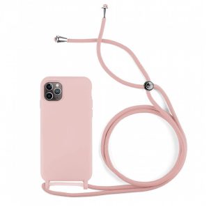 CAPA SILICONE GEL APPLE IPHONE 12/12 PRO ROSA CLARA ROBUSTA COM CORDA