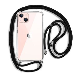 CAPA SILICONE DURA ANTI-CHOQUE APPLE IPHONE 14 PLUS TRANSPARENTE COM CORDA PRETA