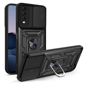 CAPA SILICONE COM ANEL DE DEDO VIVO Y11S PRETO COM PROTETOR DE CÂMERA E JANELA D