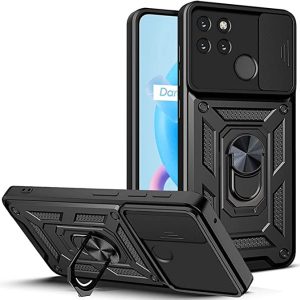 CAPA SILICONE COM ANEL DE DEDO REALME C21Y PRETO COM PROTETOR DE CÂMERA E JANELA