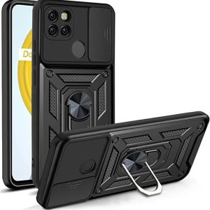CAPA SILICONE COM ANEL DE DEDO REALME C21 PRETO COM PROTETOR DE CÂMERA E JANELA