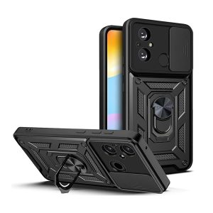 CAPA SILICONE COM ANEL DE DEDO XIAOMI REDMI 12C PRETO COM PROTETOR DE CÂMERA E J