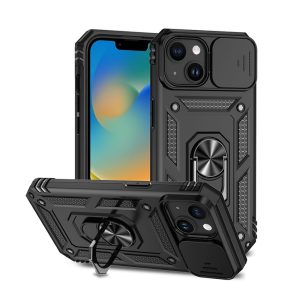 CAPA SILICONE TPU COM ANEL DE DEDO APPLE IPHONE 15 PLUS PRETO COM PROTETOR DE CÂ