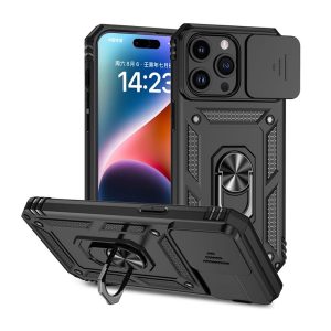 CAPA SILICONE TPU COM ANEL DE DEDO APPLE IPHONE 15 PRO MAX PRETO COM PROTETOR DE