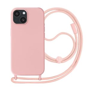 CAPA SILICONE APPLE IPHONE 15 ROSA COM CORDA