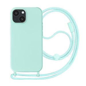 CAPA SILICONE APPLE IPHONE 15 VERDE TURQUESA COM CORDA
