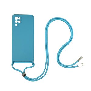 CAPA SILICONE SAMSUNG GALAXY A12 5G AZUL COM PROTETOR DE CAMERA E CORDA