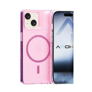 CAPA SILICONE DURA APPLE IPHONE 15 ROSA COM GLITTER MAGSAFE