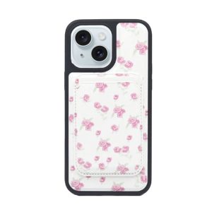 CAPA SILICONE DURA APPLE IPHONE 15 PLUS BRANCO FLORES COM BOLSA PARA CARTÃO