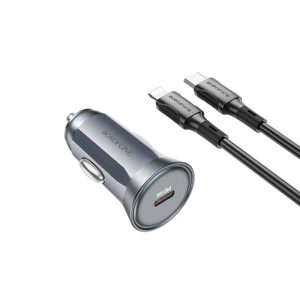 CARREGADOR DE ISQUEIRO BOROFONE BZ26 CINZA 30W 3.0A COM CABO TIPO-C PARA LIGHTNI