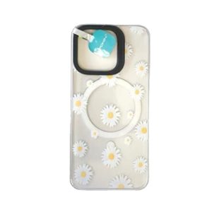 CAPA DE VIDRO APPLE IPHONE 16 PRO TRANSPARENTE MARGARIDAS COM MAGSAFE
